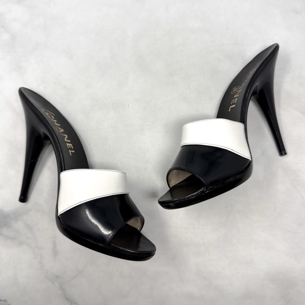 CHANEL Vintage Y2K Leather Open Toe Platform Slide Mule Sandal Heels Retro 90s - Picture 7 of 16